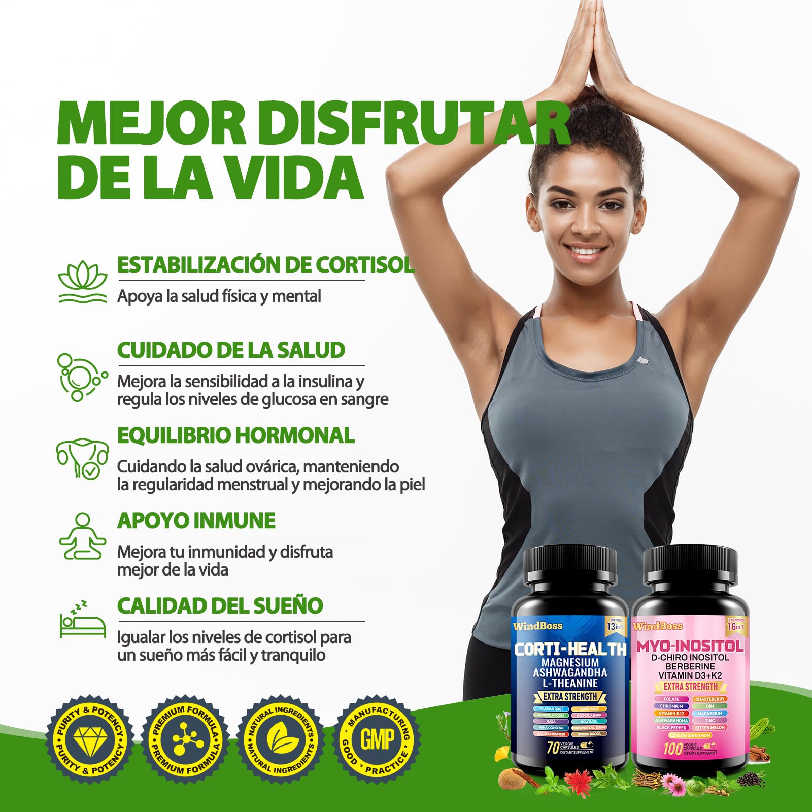 60 + 90 Kapseln Myo - Inosit & Cortisol - Komplex, Naturbelassen, Ohne Zusatzstoffe, Vegan