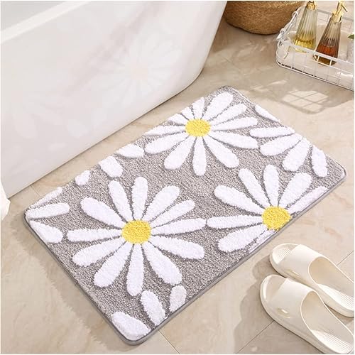 Alfombra de baño rosa con diseño de margaritas, 20 x 32 pulgadas, antideslizante, de microfibra, decoración de flores blancas y amarillas, lavables