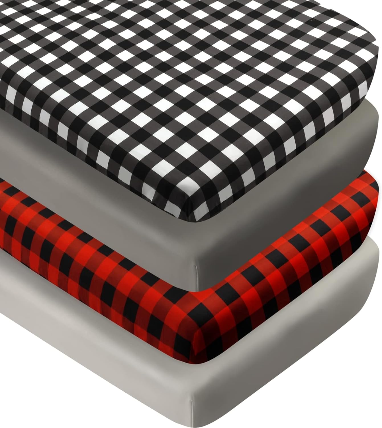 4 Pack Buffalo Check Plaid Neutral Unisex Fitted Baby Crib Sheets Set for Baby Boys or Girls (Black)