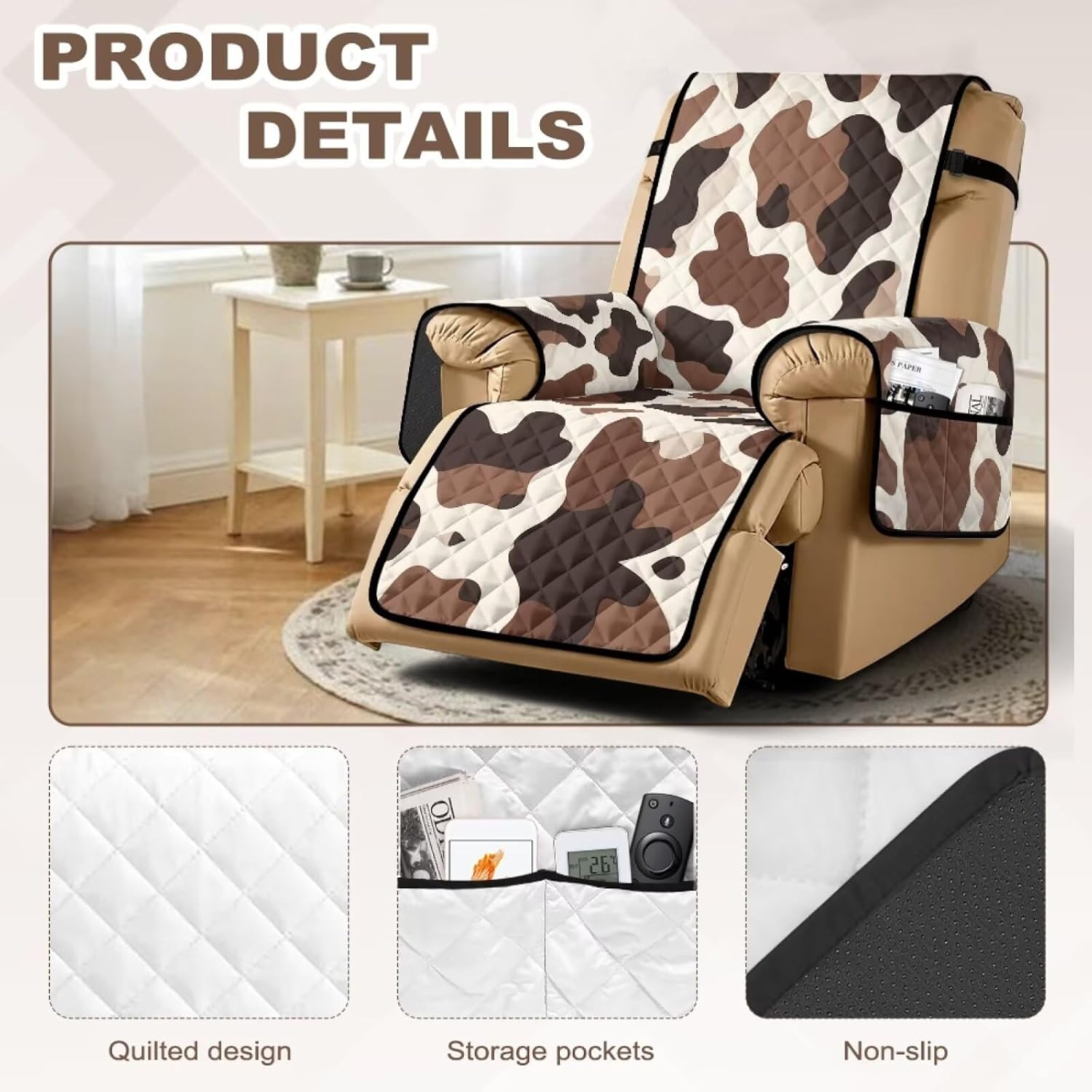 Brown Cow Pattern Recliner Chair Cover Non Slip Chair Covers for Reclining Chairs with Pocket Washable Reclining Chair Cover Stay in Place Furniture Protector for Pets