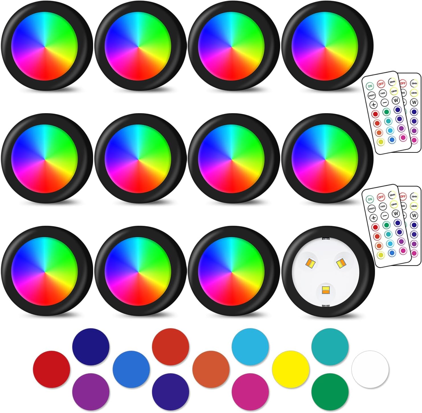 Puck Lights, 13 Colors Changeable LED Puck lightings Battery Powered Dimmable Under Cabinet Lights, Battery Powered Under Counter Lights with 2 Wireless Remote Controls for Kitchen