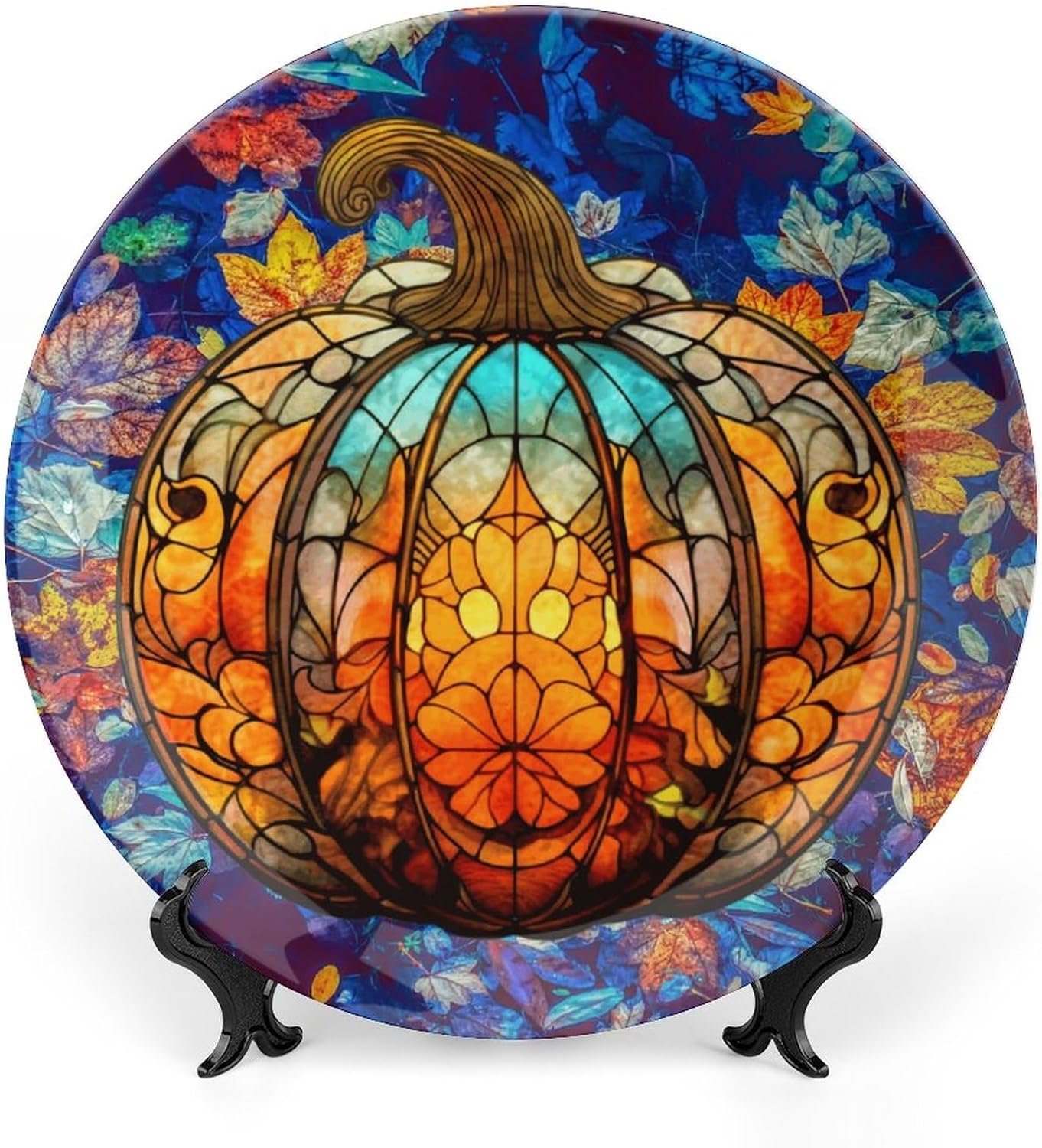 10" Decorative Plate with Stand Autumn Watercolor Pumpkin Ceramic Plate Round Home Wobble-Plate Dinner Plates Dish Thanksgiving Home Wall Decoration Office Table Decor Kitchen Wall Art