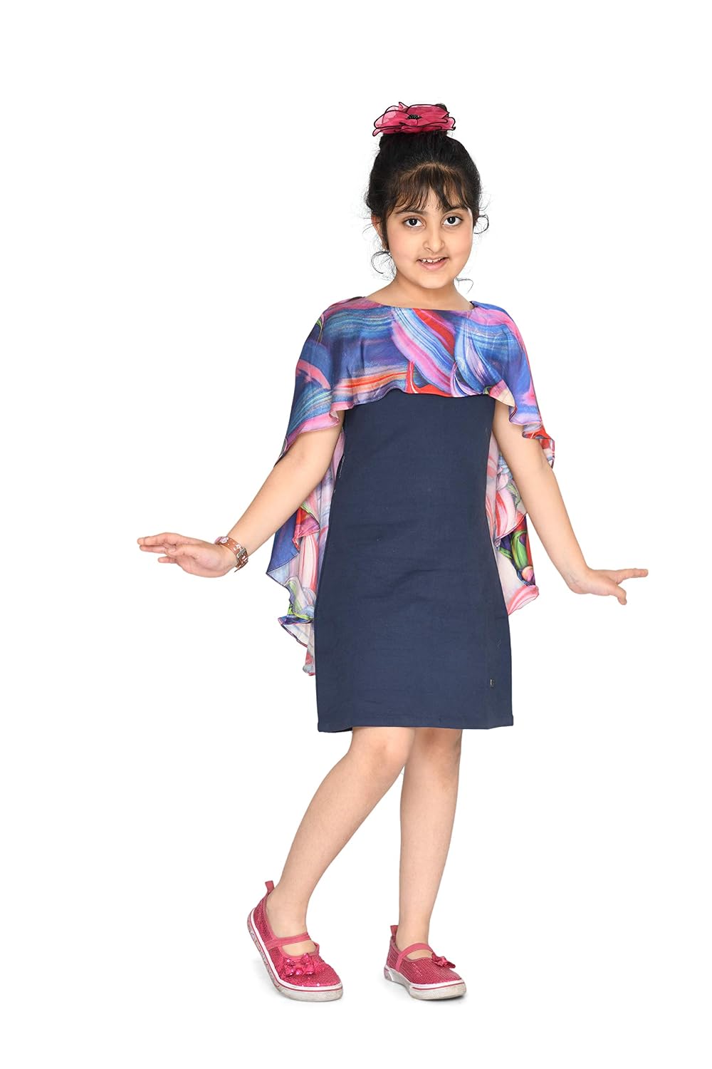 Olesia Kids Girls Dark Blue Plain Thick Cotton with Blue Printed Soft Satin  Cape Overlay Design Slim Fit Knee Length Sheath Dress for Children Birthday  Parties and Festive Celebration : Amazon.in: Clothing