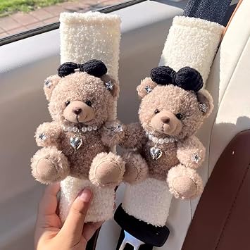 Soft Auto Seat Belt Cover Seatbelt Shoulder Pad Compatible with All Cars Comfortable Driving Backpack Bear Patterned white-2pcs