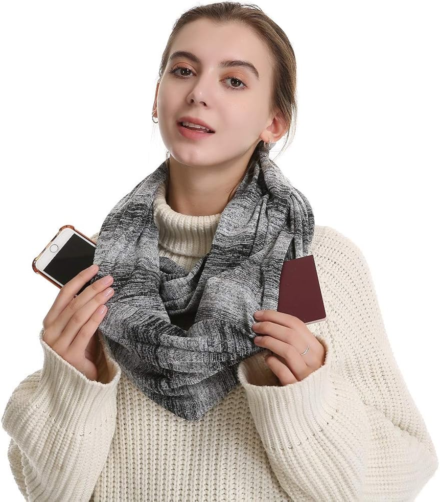 Infinity Scarf With 2 Zipper Pocket Hidden Secret Travel Zip Convertible Scarves Womens Winter Warm Soft Workout Scarfs Gift