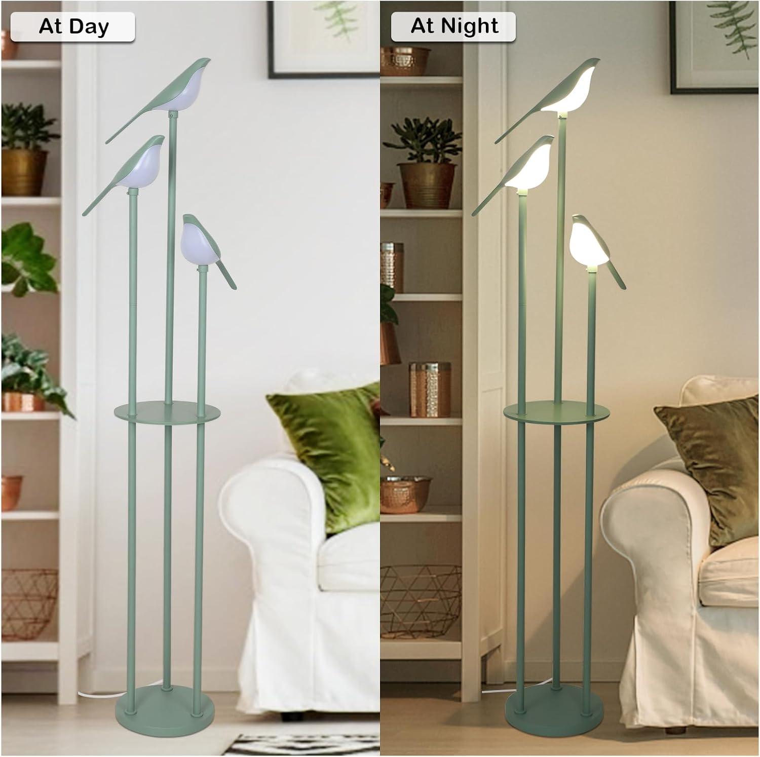 Bird Floor Lamp for Bedroom, Green Standing Lamps for Living Room, Corner Tall Lamp with Table, 3-Lights Vintage Floor Lamp, Modern Stand Up Lamp for Office, Girls Room, Unique Bird Lamps