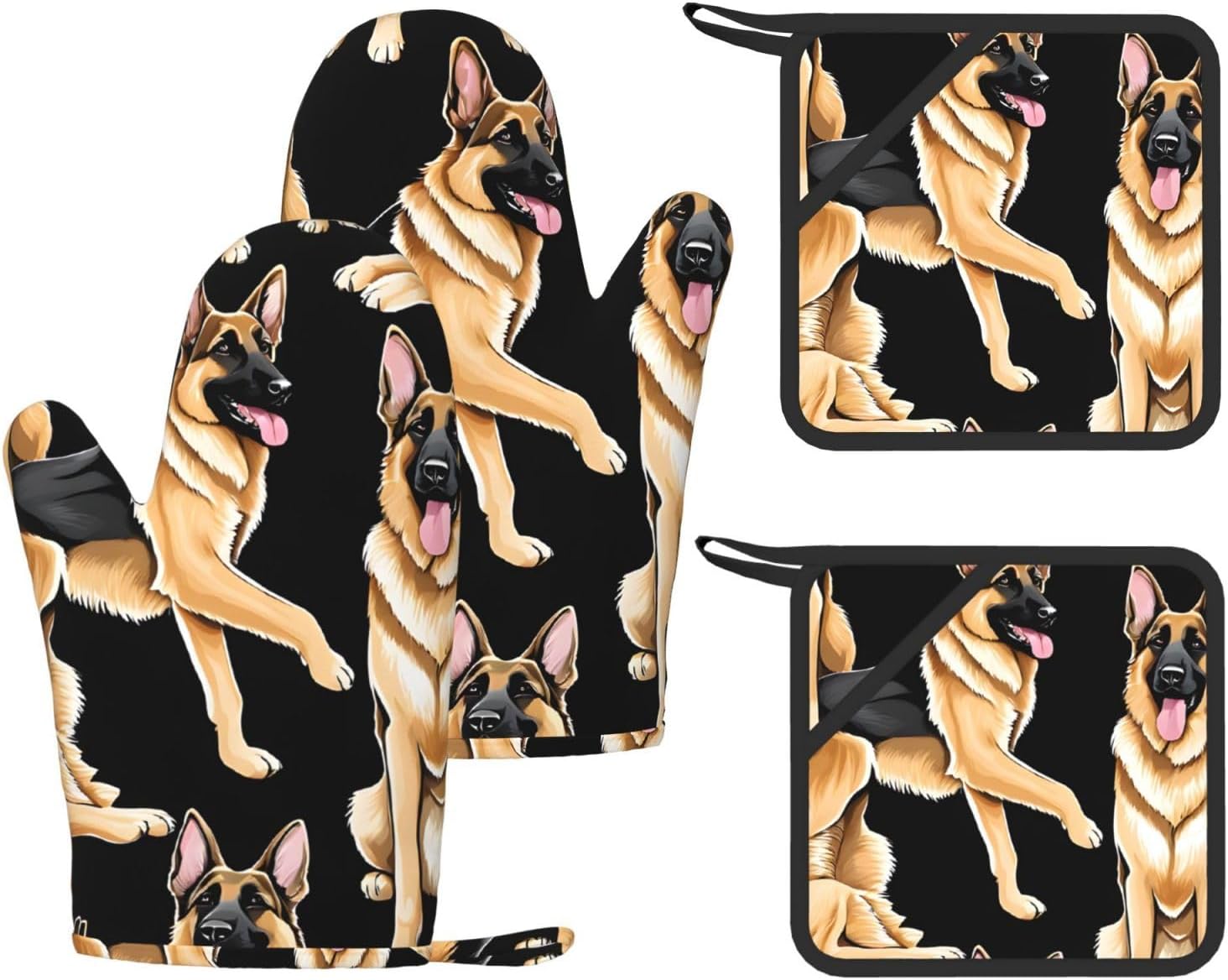 German Shepherd 4pcs Oven Mitts and Pot Holders Sets for Kitchen, Silicone Oven Gloves Non-Slip Potholders Hot Pads for Baking Cooking