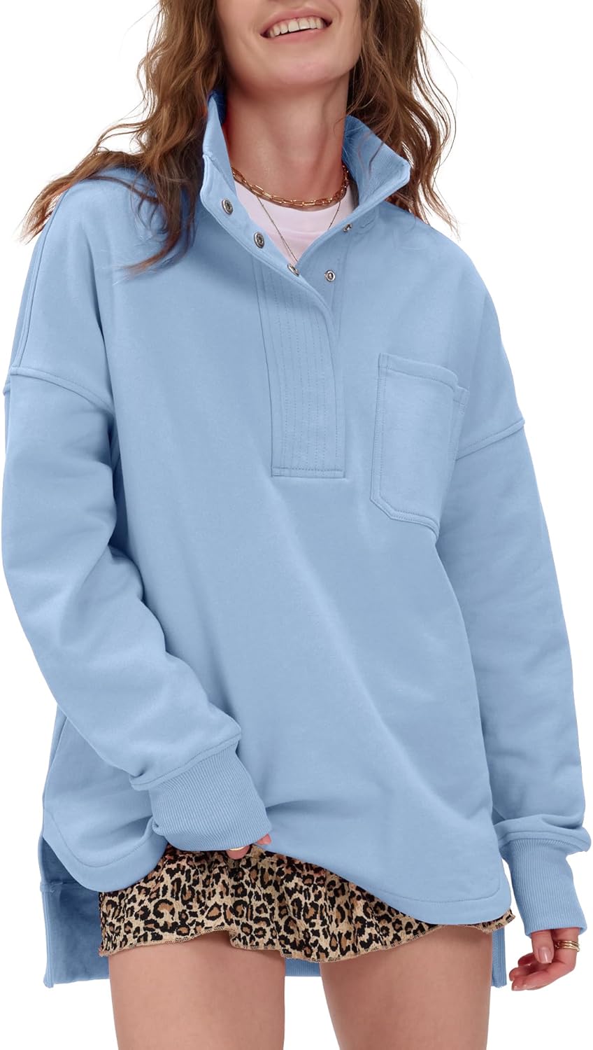 Locachy Womens Casual Oversized Sweatshirt Long Sleeve Button Henley Neck Pullover Tops Fashion Outfits Clothes