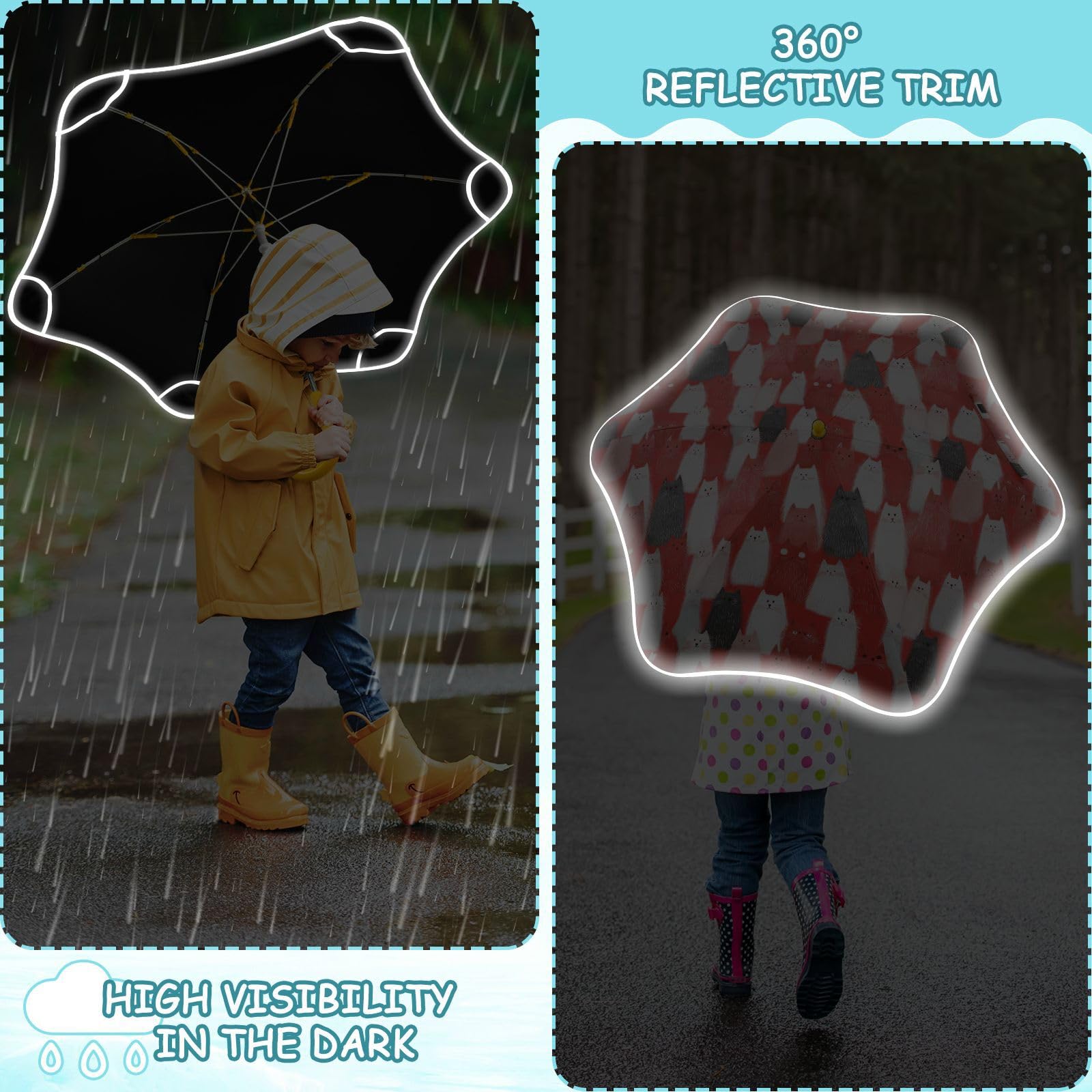 linqin Zabawne koty, czerwone parasole dziecięce, ochrona przed promieniowaniem UV, parasol z odblaskowym paskiem, mały parasol do plecaka z łatwym do trzymania uchwytem haczykowym dla chłopców i