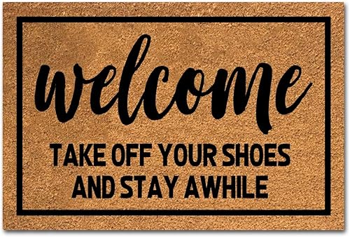 Miniatura 1 de Tapete divertido de fibra de coco con texto en inglés "Welcome Take Off Your Shoes and Stay Awhile", tapete para puerta delantera, entrada al aire