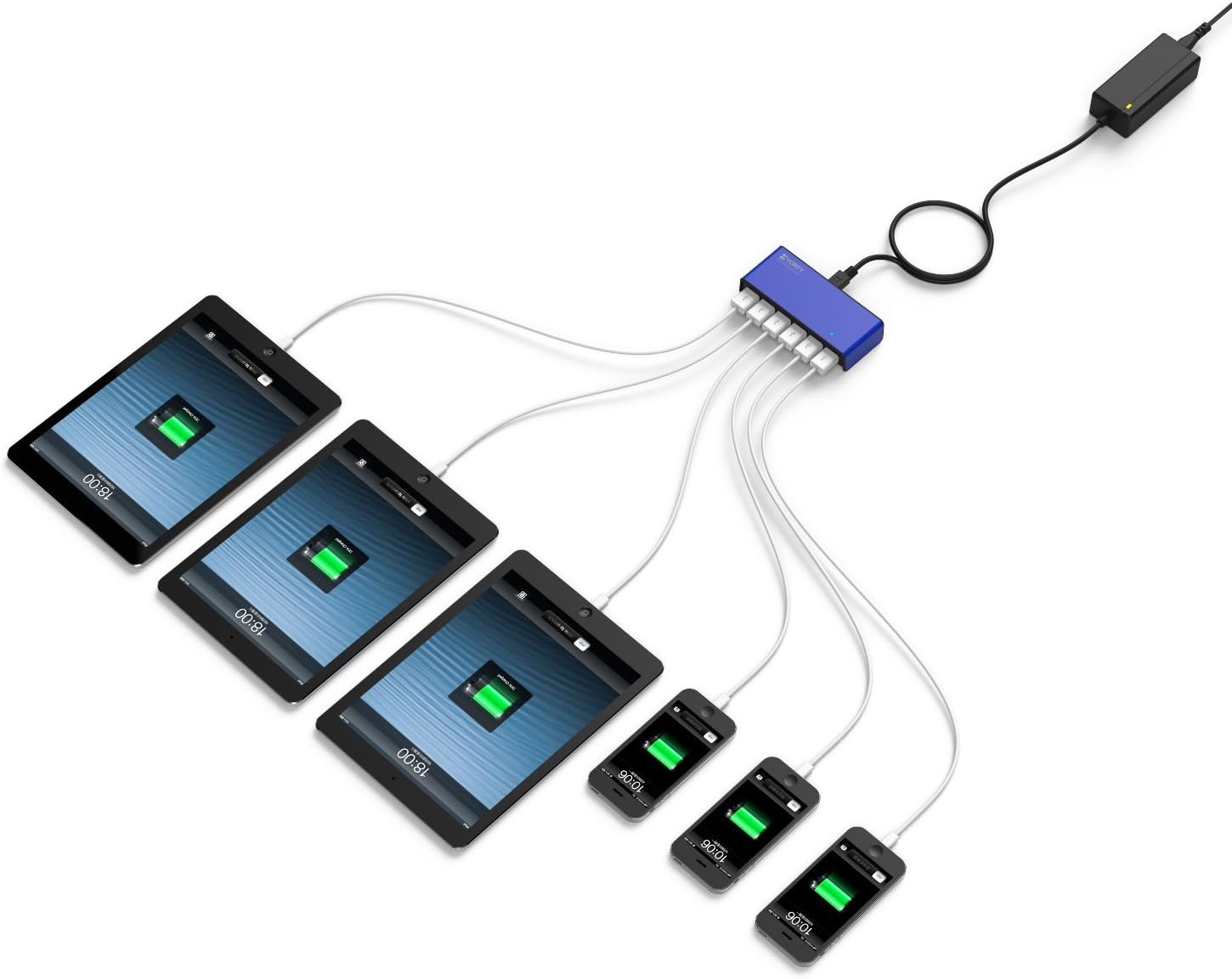 Vority 6-Port USB Charger 10.2A/51W [Blue] Rapid Wall Portable & Travel Charging Station for Up to 6 USB Powered Devices. Perfect for Office & Home Charging Need, Full Charging Speed for up to 3 iPad Air (or Tablets) and 3 iPhone 6 Plus (or Smartphones) or other PSP, Cameras, Bluetooth, Power Bank, Battery Cases... Model HEX102AC - 2 Years Warranty- UL Certified