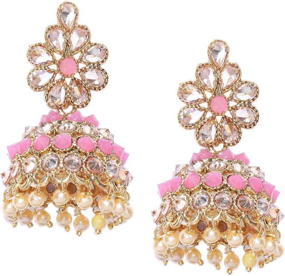 PRITA by Priyaasi Pink Studded Jhumka Earrings for Women | Fashionable Floral Design | Pearl Drop | Plating of Gold | Earrings for Party & Festivals | Pushback Closure | Alloy Metal