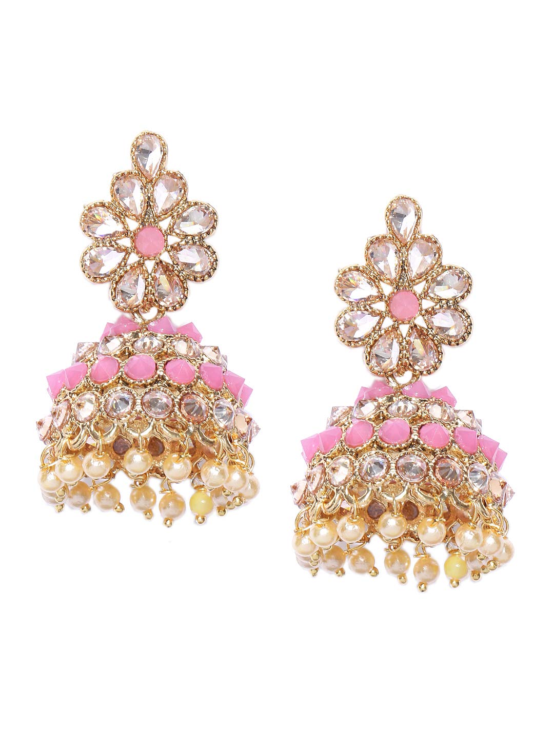 PRITA by Priyaasi Pink Studded Jhumka Earrings for Women | Fashionable Floral Design | Pearl Drop | Plating of Gold | Earrings for Party & Festivals | Pushback Closure | Alloy Metal