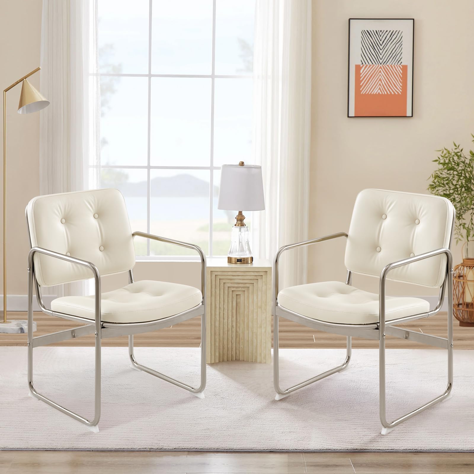 COLAMY Juego de 2 sillas de Comedor de Piel sintética con Patas de Metal Acolchadas para el hogar, salón, Oficina, Comedor, Color Beige