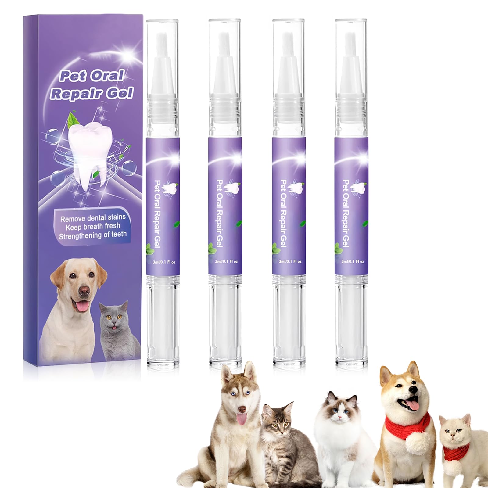 4PCS Pet Oral Repair Gel Pen, Dog Tooth Cleaner, Dog Teeth Cleaning, Cat Teething Gel Dental Toothbrush Repair Pens, Cats Oral Hygiene Breath Freshener Toothpaste with Whitening & Tartar Removal