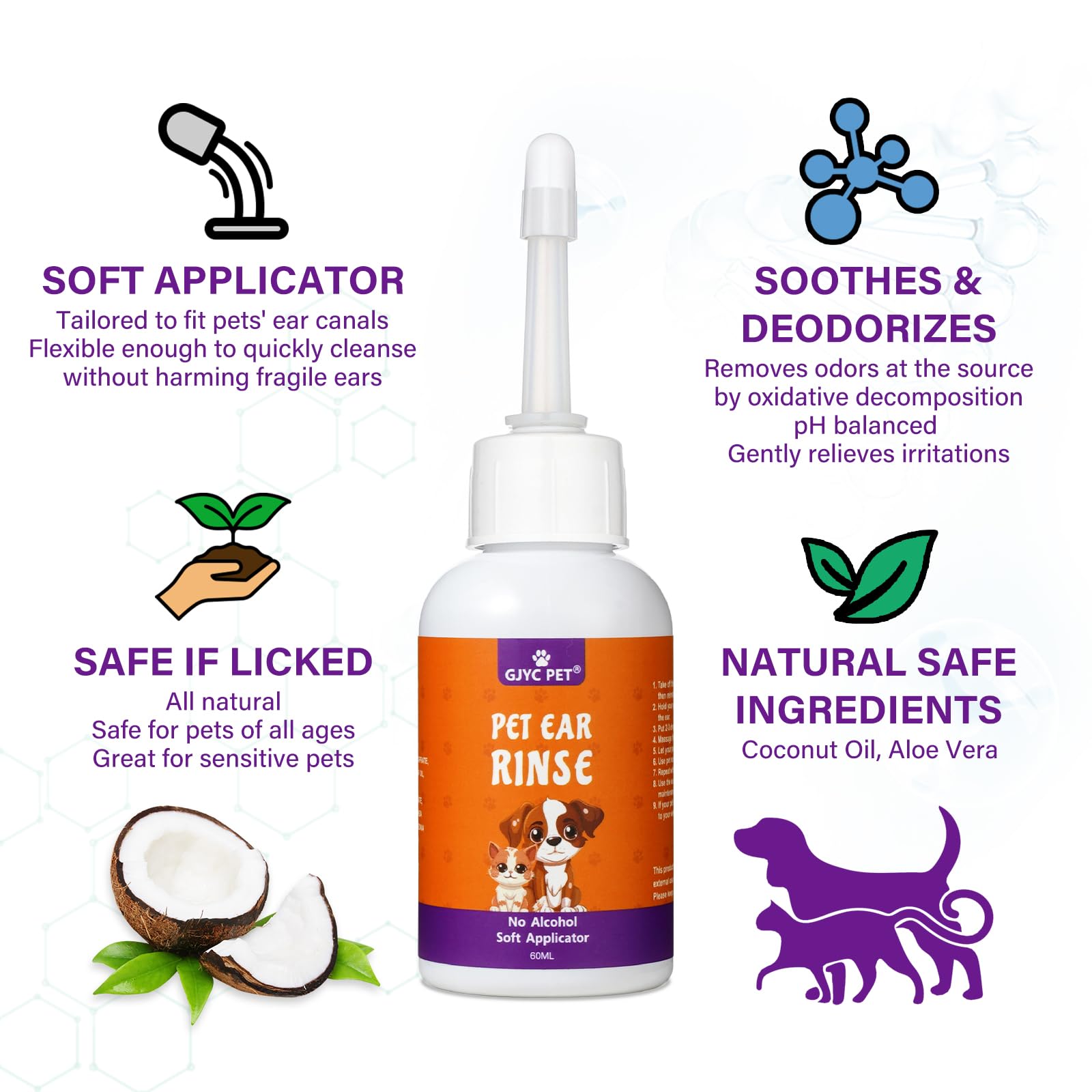 Gocce orecchie cane, Risciacquo per le orecchie del cane, detergente per le orecchie degli animali domestici per cani e gatti, Gocce per le orecchie del cane, Pulizia delle orecchie del cane, 60ml