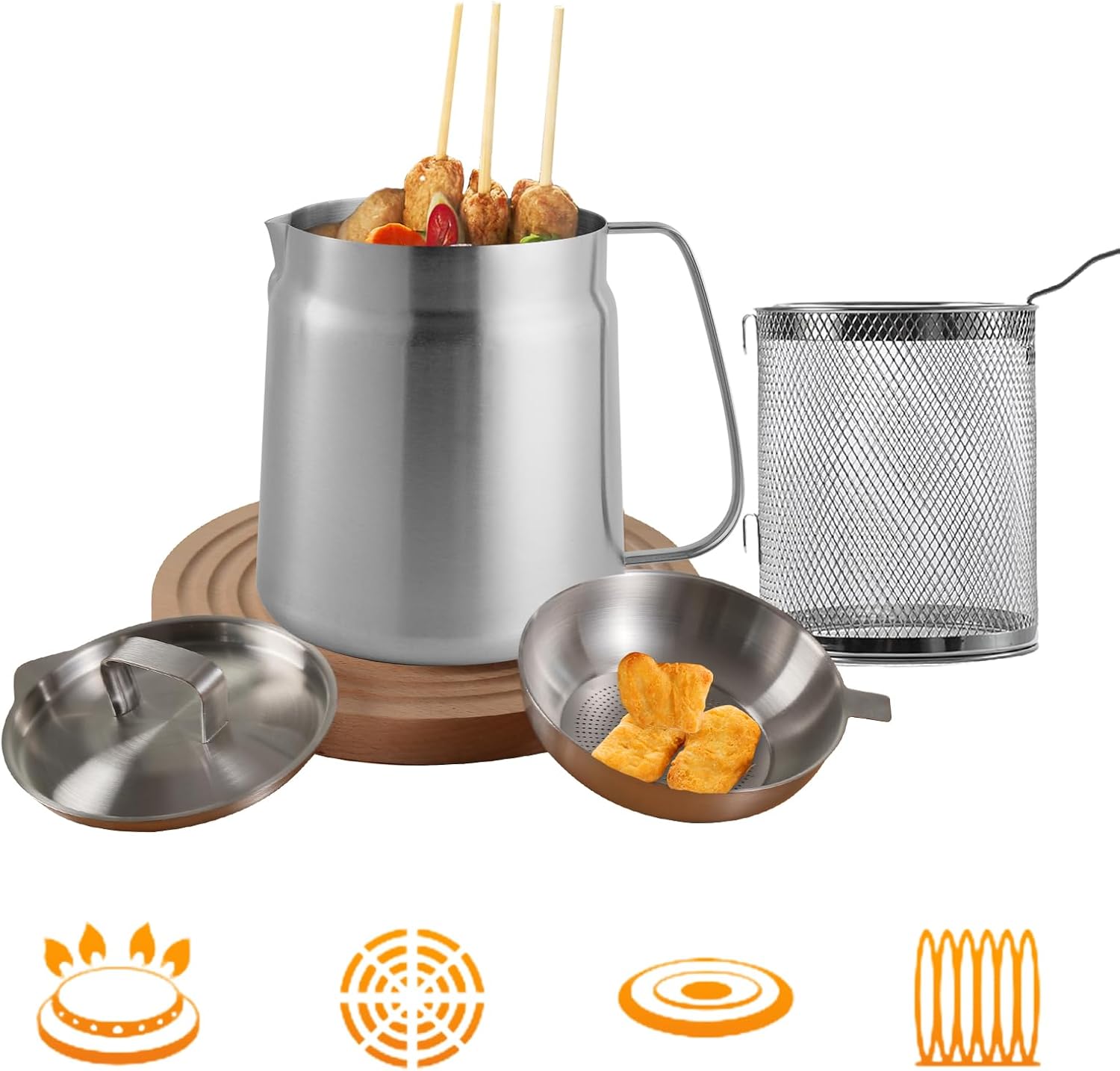 304 Stainless Steel Deep Fryer Pot with Basket & Strainer, 3.5L (3.5Qt) Capacity, for Frying, Cooking, Camping, Oil Filter Container