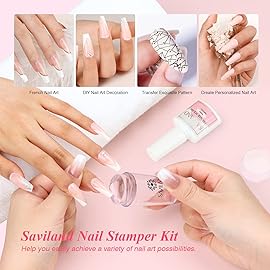 Saviland French Manicure Kit: French Tip Nail Stamp with White Gel Nail Polish Set, Jelly Silicone Nail Stamper Nail Stamper Kit for French Nails Home DIY Nail Salon