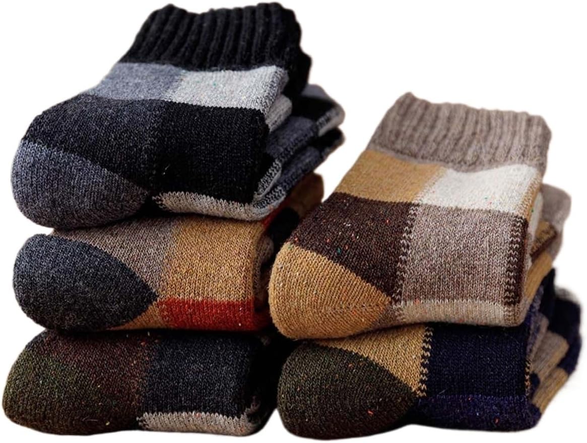 Winter Men's Thick Warm Wool Socks Plaid Harajuku Retro Large Size Snow Leisure Antifreeze Cashmere Long Socks 5 Pairs