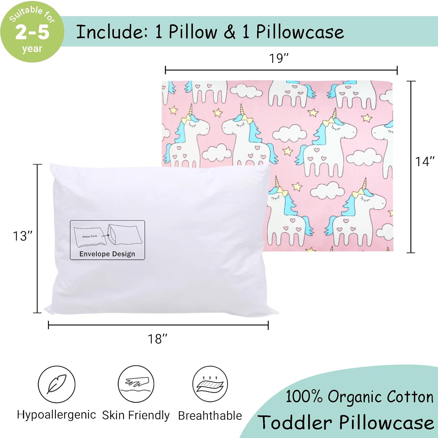 ZPECC Toddler Pillow with Pillowcase - 13x18 Organic Cotton Hypoallergenic Kids Pillow, Baby Essentials for Travel Crib Daycare Stroller (Intended for Age 2 and up) Pink Unicorn - Image 2