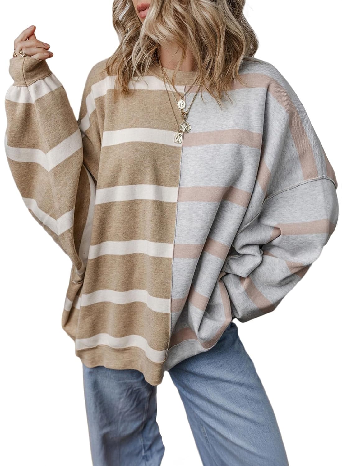 EVALESS Womens Striped Sweaters Long Sleeve Cable Knitted Color Block Casual Loose Lightweight Oversized Sweaters Pullover