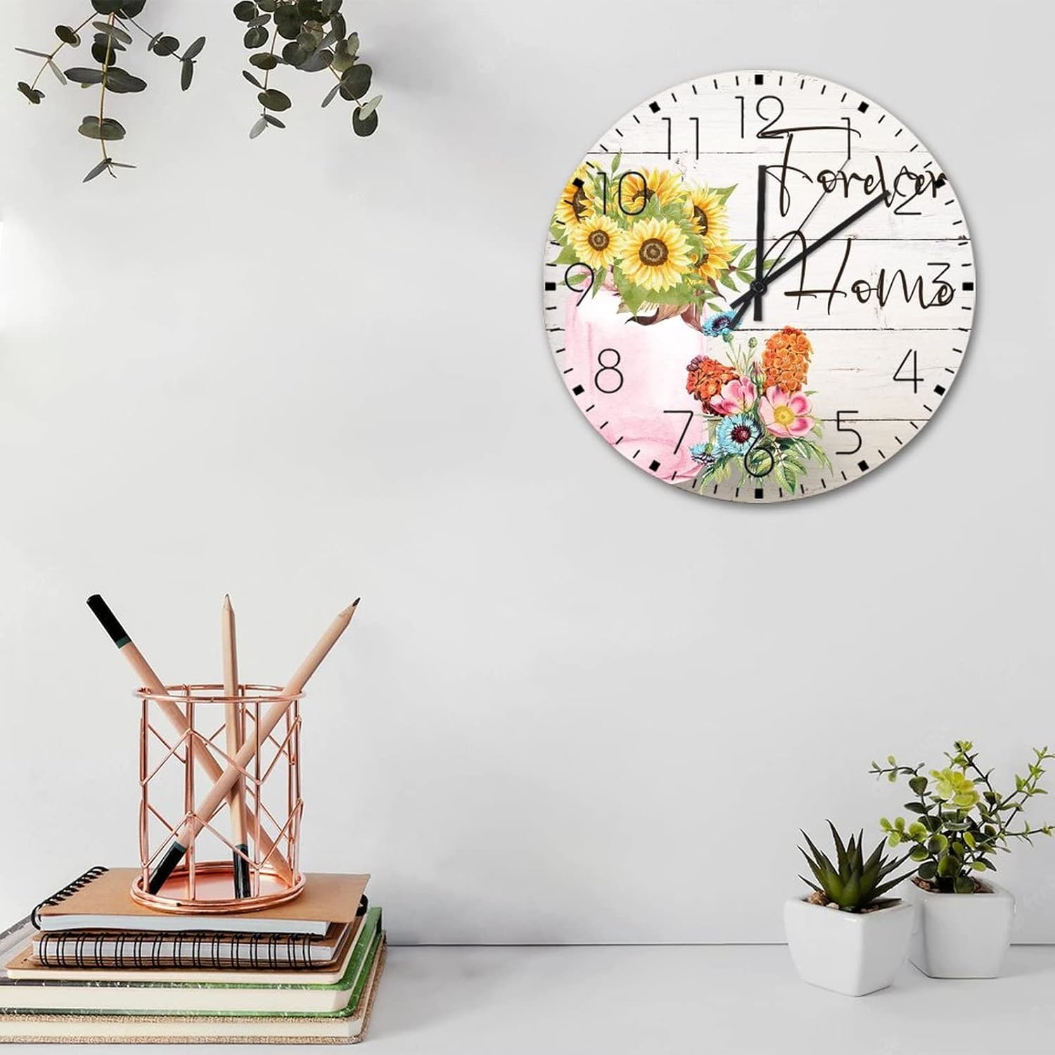 12" Wood Hanging Wall Clock Forever Home Silent Non-Ticking Clocks Floral Fireplace Decor for Hotel Retro Yellow Sunflower Artwork Round Wooden Wall Clock Vintage for Above Fireplace Family Room