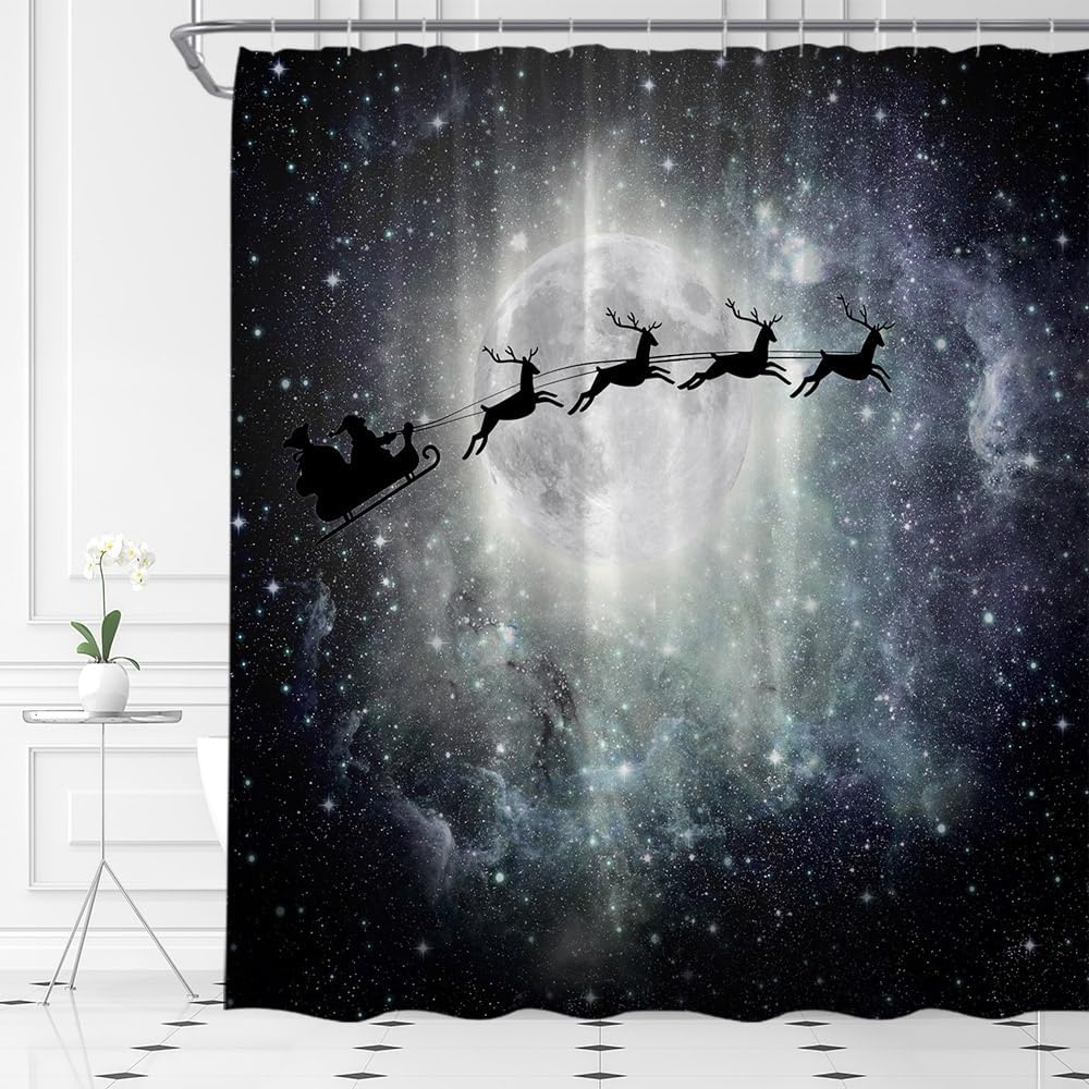 Merry Christmas Shower Curtain Santa Claus Reindeer Sleigh Starry Sky Moon Night Galaxy Xmas Winter Holiday Happy New Year Bathroom Curtain Set with Hooks(108" Wx70 H)