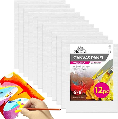 Miniatura 32 de PHOENIX - Juego de 12 paneles de lienzo de algodón con triple imprimación para pintura al óleo y acrílica Blanco