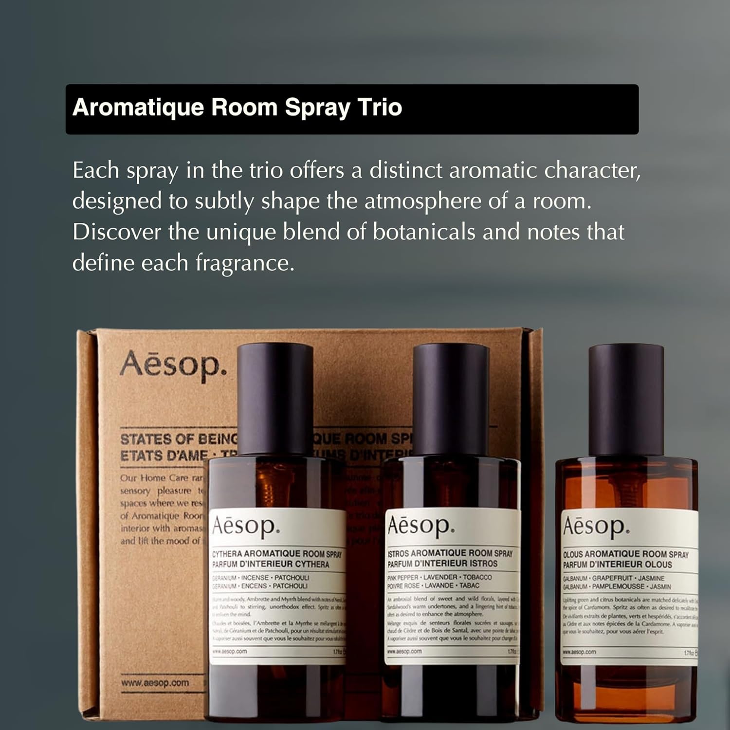 Aesop States of Being Aromatique Mini Room Spray Set – Olous, Cythera, & Istros | Fresh, Woody & Floral Scents | Long-Lasting Room & Linen Spray | 1.69 oz each (3PK)
