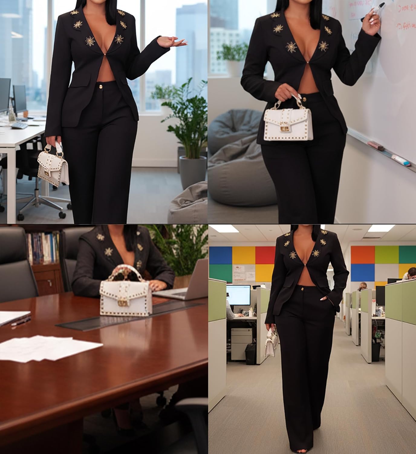 Womens Pants Suits 2 Piece Outfits Dressy Business Long Sleeve Sexy Blazers Wide Leg Pants Set Work - Image 5