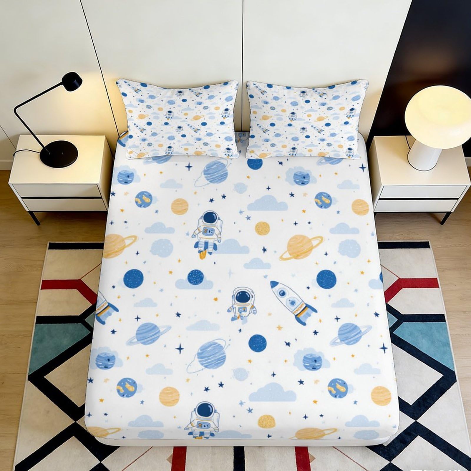 3D Printed Space Astronaut Fitted Sheet Microfiber Soft Breathable Rocket Planet Mattress Cover for Bedroom Dorm Decor 200x200x25cm