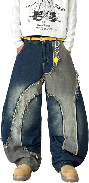 Mens Baggy Jeans Wide Leg Casual Irregular Sutures Denim Pants