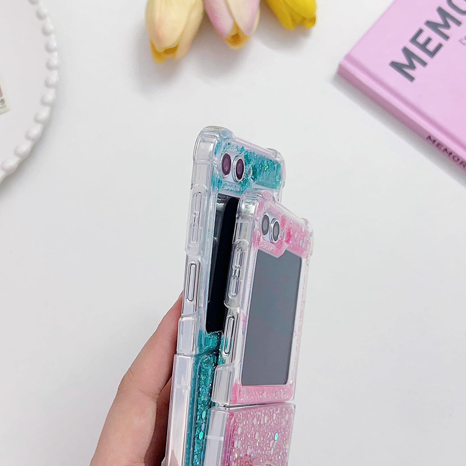 UEEBAI Case for Samsung Galaxy Z Flip 6 5G, Pretty Bling Glitter Case for Women Cute Shiny Sparkle Phone Case for Girls Bling Stars Cover Four-Corner Shockproof Protective Slim Fit Case - Gold