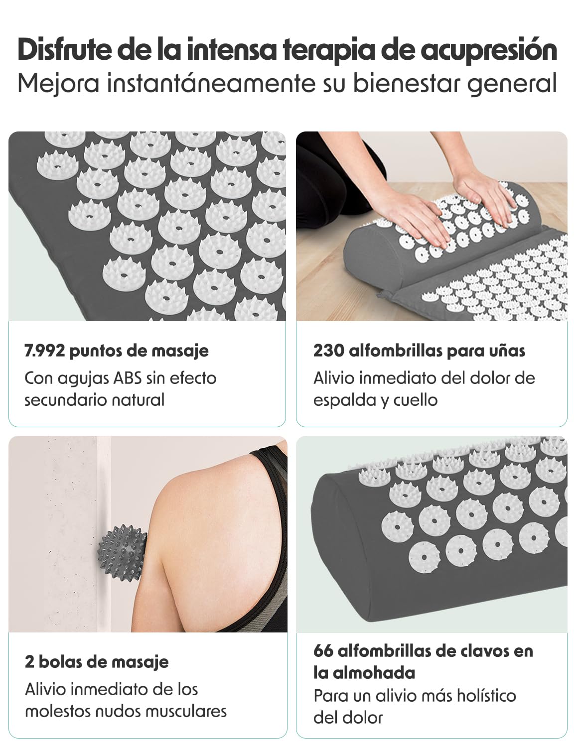 LifeGood Esterilla Acupresion - Eco - Con Cojín, Bolas de Masaje y Bolsa - Almohada - Colchoneta de Acupuntura Relajación y Alivio del Dolor - Flor de Loto - Gris & Bianco