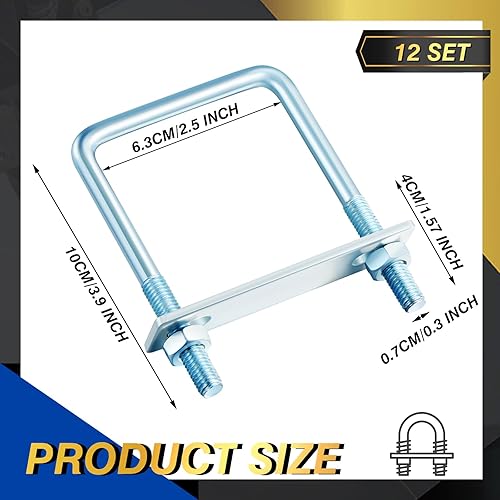 Miniatura 21 de Dunzy 12 pernos cuadrados en U chapados en zinc, perno en U de acero al carbono resistente, suministros industriales y científicos para tubo