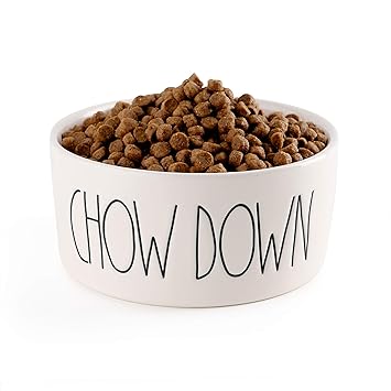 RAE Dunn Cute Ceramic Dog Bowl, Pet Dish for Dogs and Cats, Heavy Pet Bowl, Chow Down (6 Inches)