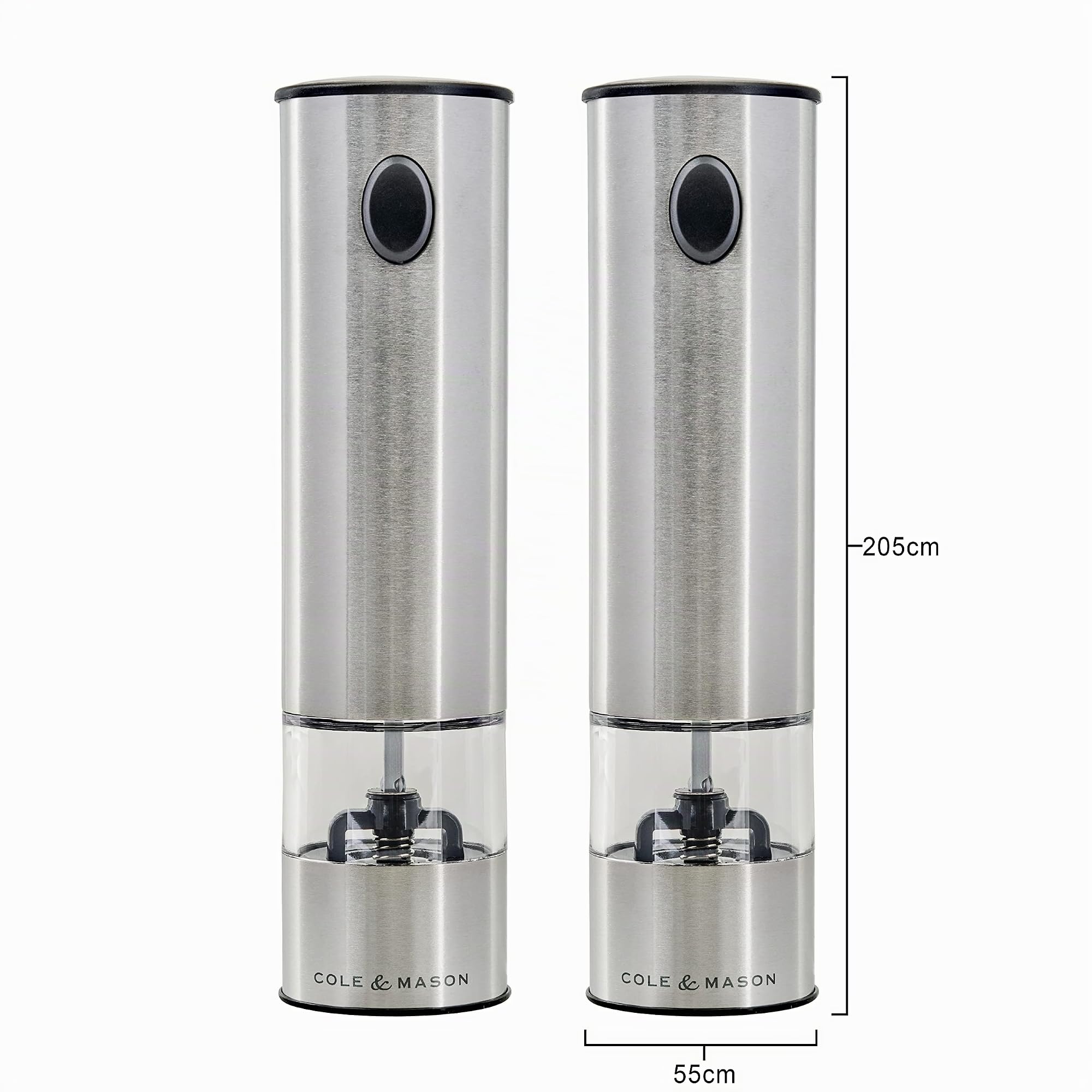 Cole & Mason H3004480 Battersea Moulins Sel et Poivre Électroniques, Acier Inoxydable/Acrylique, 210mm, Coffret Cadeau, Comprend 2 x Moulins Électriques, Garantie à Vie Du Mécanisme