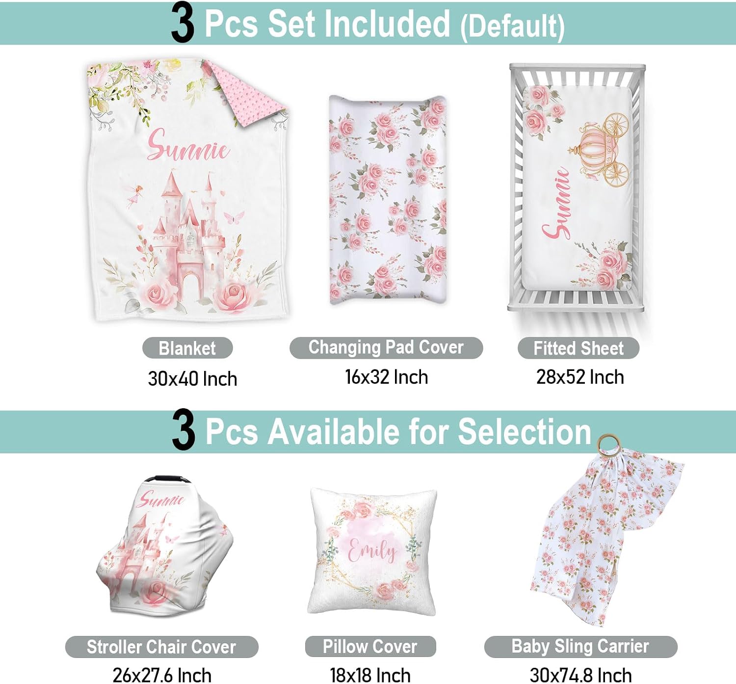 Custom Name Baby Crib Bedding Sets for Baby Girls, 3 Pcs Personalized Princess Castle Baby Girl Crib Set, Minky Dot Blanket, Fitted Sheet, Changing Pad Cover, Nursery Bedding Set for Infant Toddler
