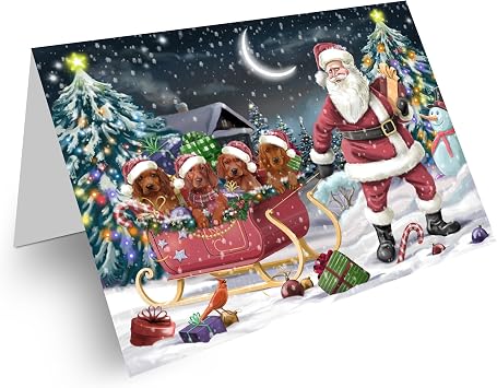 Doggie of the Day Christmas Santa Sled - Irish Red Setter Dogs Note Cards - Adorable Pets Invitation Cards with Envelopes - Pet Artwork Note Cards for All Occasions 10 Greeting Cards