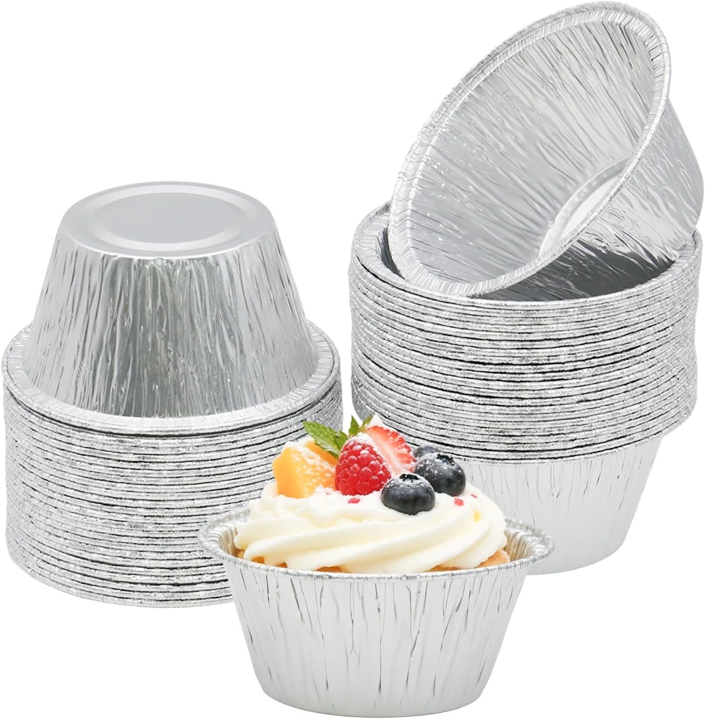 Aluminum Foil Baking Cups 50 Pcs 4 Oz Aluminum Cupcake liners Silver Foil Baking Cups for Muffin Egg Tart Baking Cupcake Pudding Appetize Creme Brulee