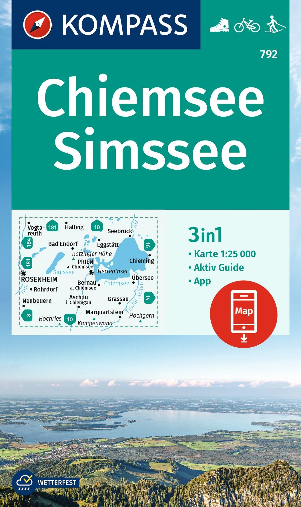 Chiemsee / Simssee + Aktiv Guide (792): 3in1 Wanderkarte, mit Aktiv Guide inklusive Karte zur offline Verwendung in der KOMPASS-App. Fahrradfahren. Langlaufen.