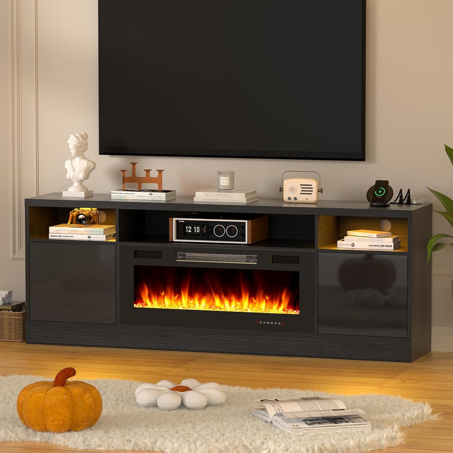 BREEZEHEAT 70 inch TV Stand with Fireplace-Led Entertainment Center for TVs Up to 80 Inch-Fireplace TV Console with Storage Cabinets, Power Outlets, Modern TV Stand for Living Room-Black