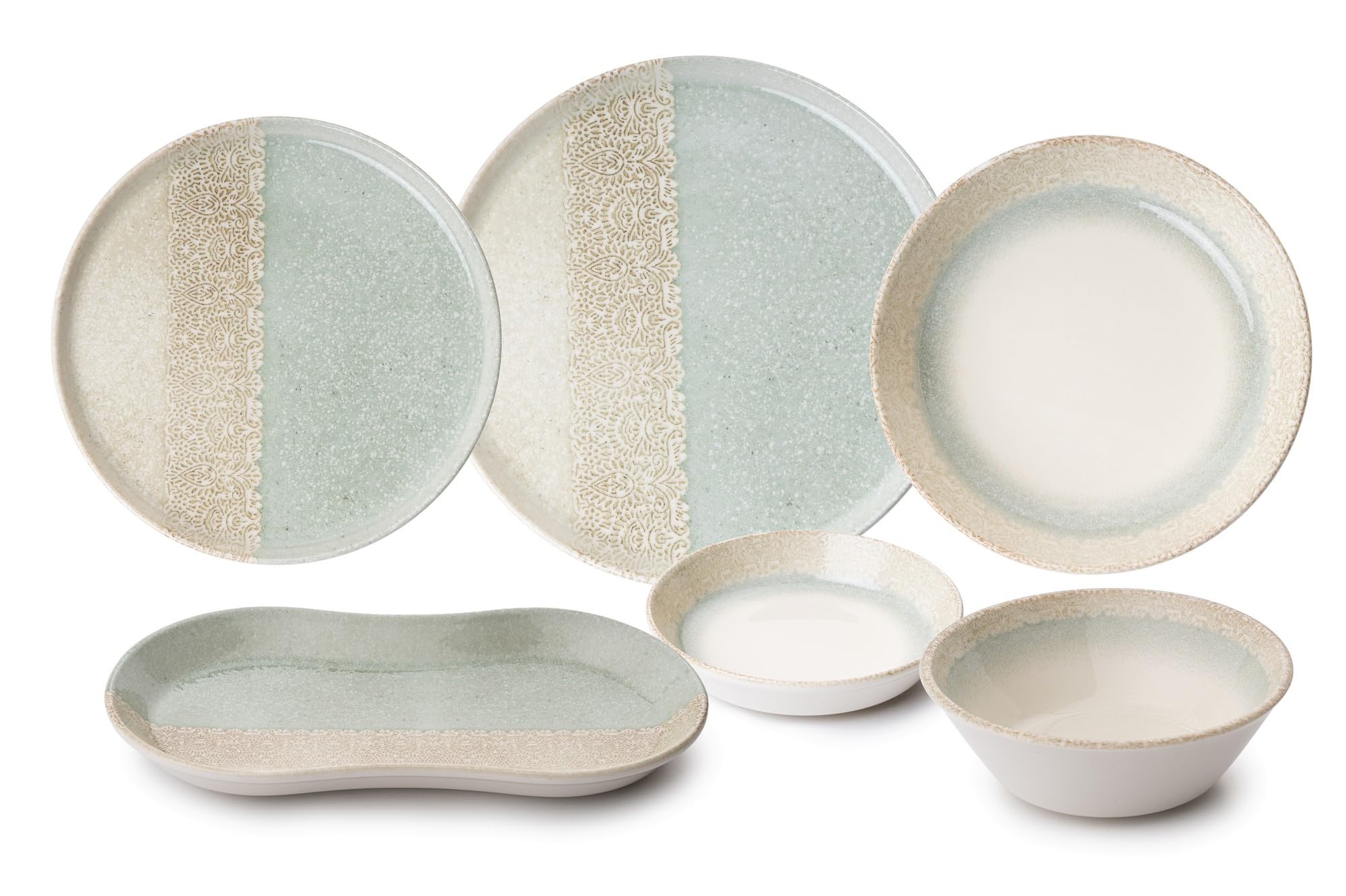 Service de dîner de 27 pièces, 100% porcelaine, vert et crème | Comprend des assiettes de service, des bols, des assiettes à dessert et des assiettes à bateau. Passe au lave-vaisselle et au