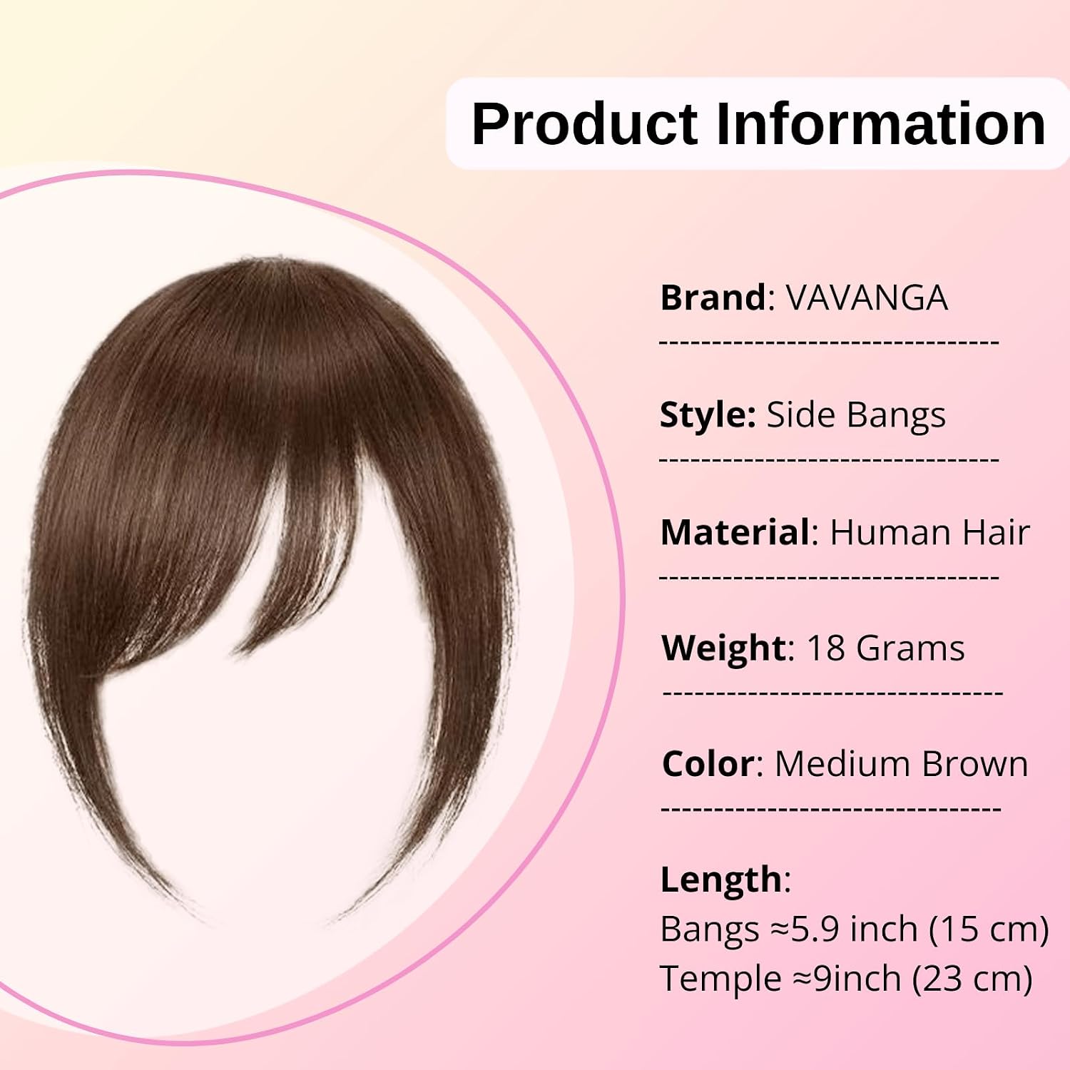 Long Side Bangs Hair Clip - 100% Real Human Hair Clip-In Extensions | Medium Brown Straight Fake Fringe with Temple | Thick Swept Bangs for Women