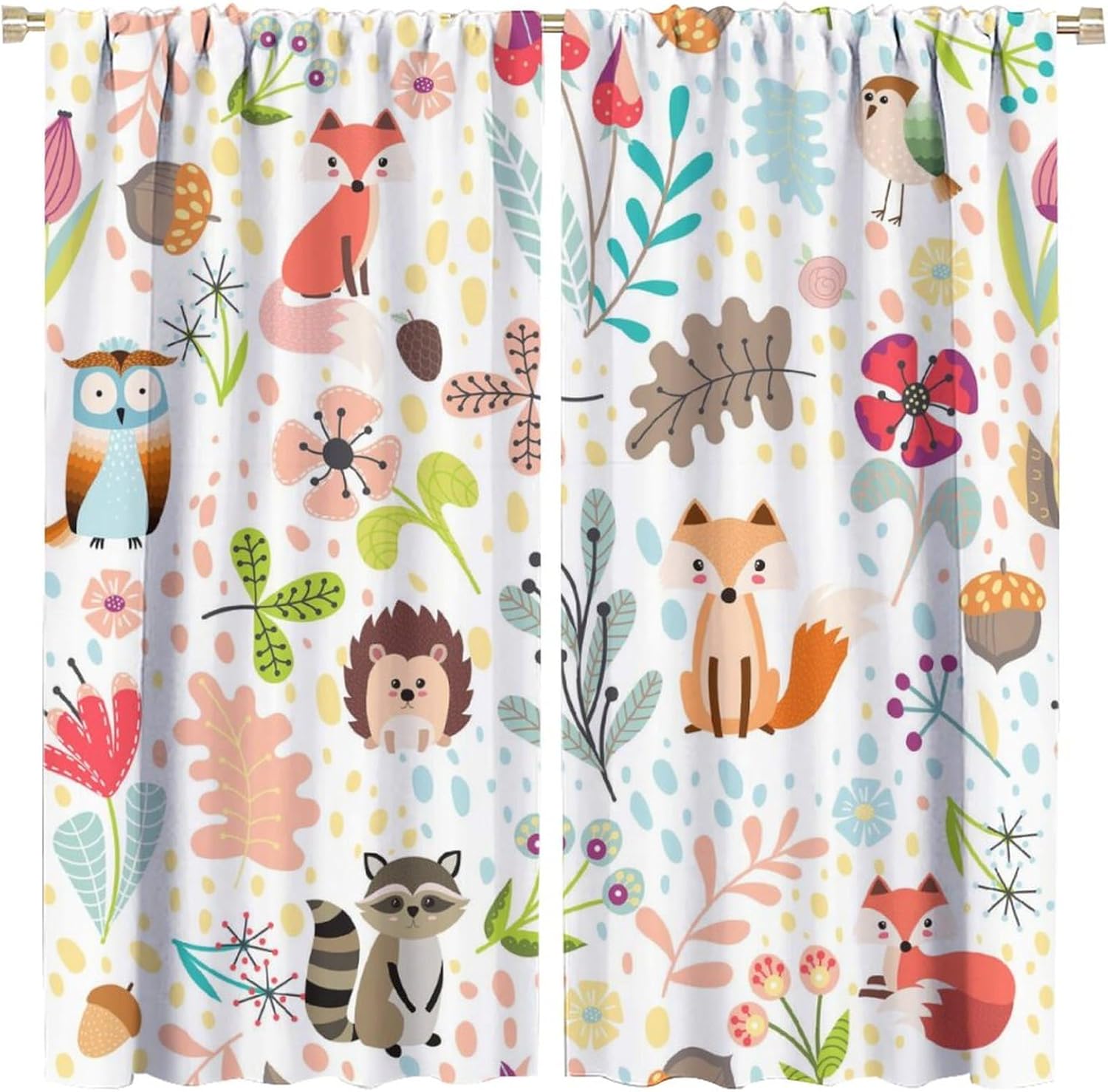 Watercolor Woodland Baby Animals Blackout Curtains for Living Room,Cartoon Cute Forest Wildlife Squirrel Bunny Fox Bear Rod Pocket Thermal Insulated Room Darkening Curtains 2 Panels 84L x 26W