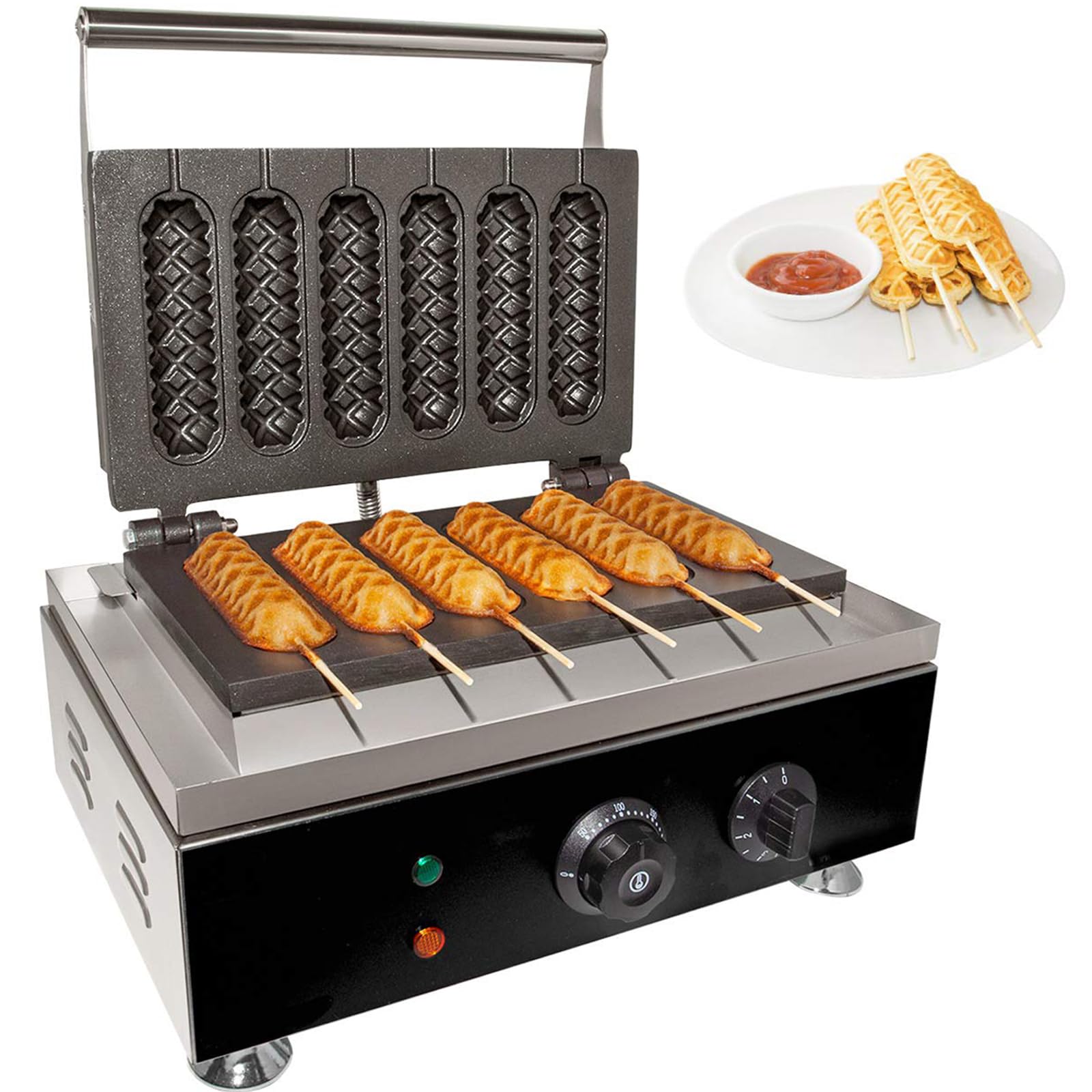 WDHECC 6pcs Waffle Stick Maker, Commercial Corn Dog Waffle Maker Machine Hot Dog Cheese Stick Press Iron, 50-300℃ Temp Control, Stainless Steel French Muffin Cooker with Timer