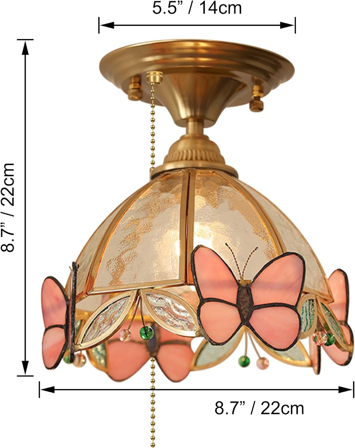 Butterflies Lamp, Zipper Switch 12V RV Decorative Ceiling Hallway Light Fixtures, 2700K Bulb Included Pink Dome Shape Stained Glass Semi Flush Mount Interior Lighting for RV Camper