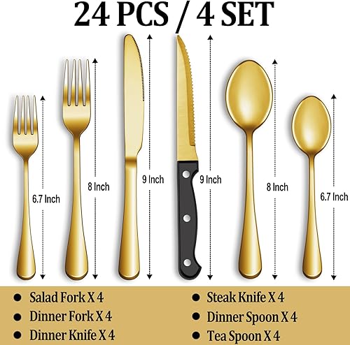 Miniatura 29 de Juego de cubiertos de 24 piezas, servicio para 4, de acero inoxidable, pulidos con espejo, juego de vajilla para comer, incluye juego de tenedor