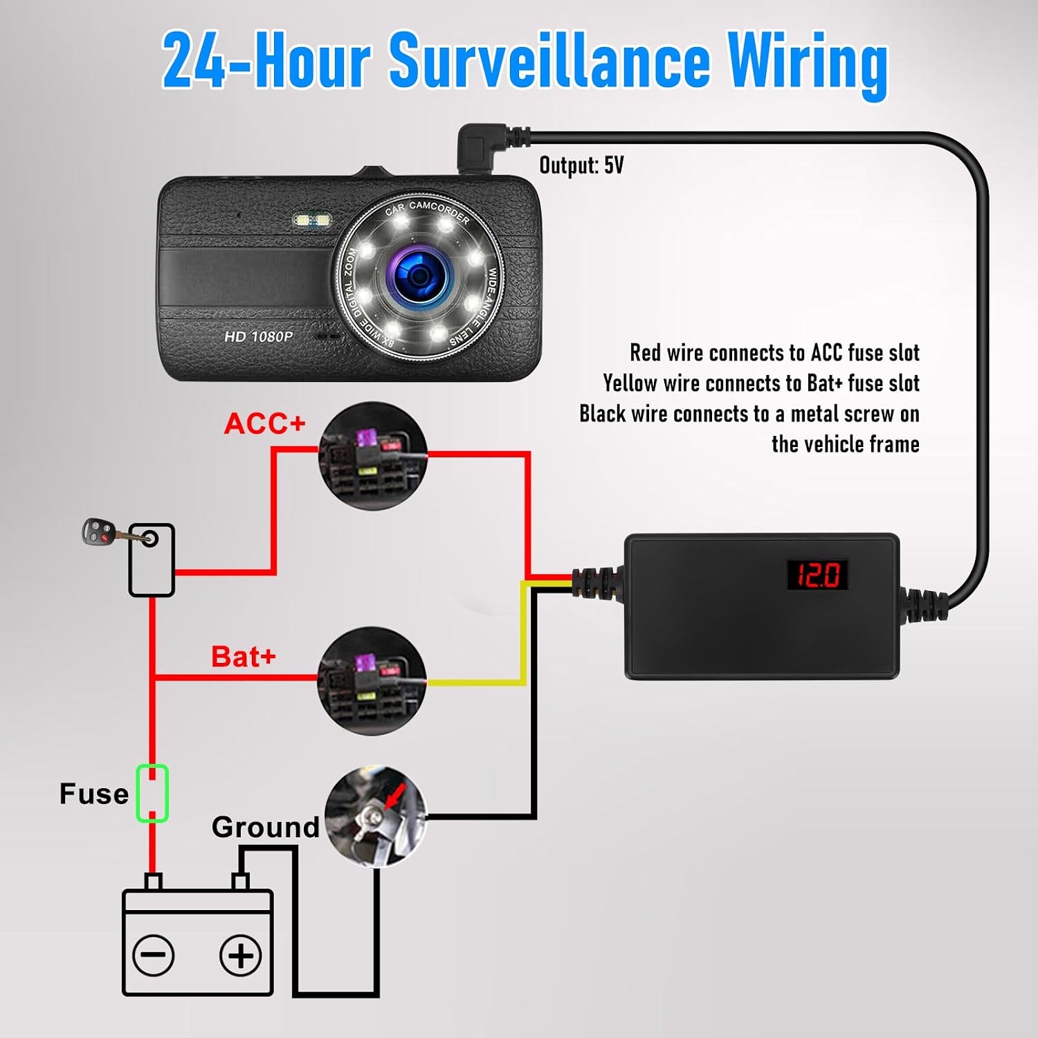 Dash Cam Hardwire Kit 12V 24V to 5V, Digital Display Low Voltage Adjustable Time Lapse Recording Hard Wire Kit for Parking Monitoring, Connects Directly to Car Battery (Type-C Straight) image 2