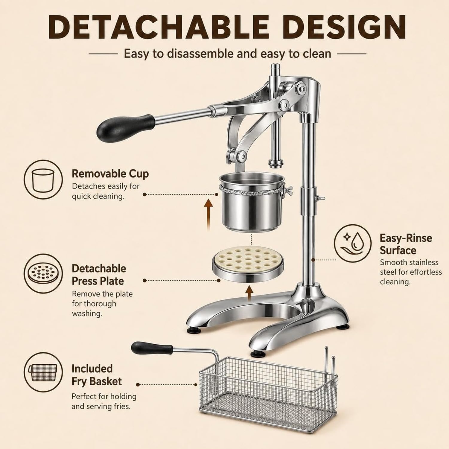 Pressa Manuale per Patatine Fritte a Leva, Taglia Patate da Cucina Professionale, Silver